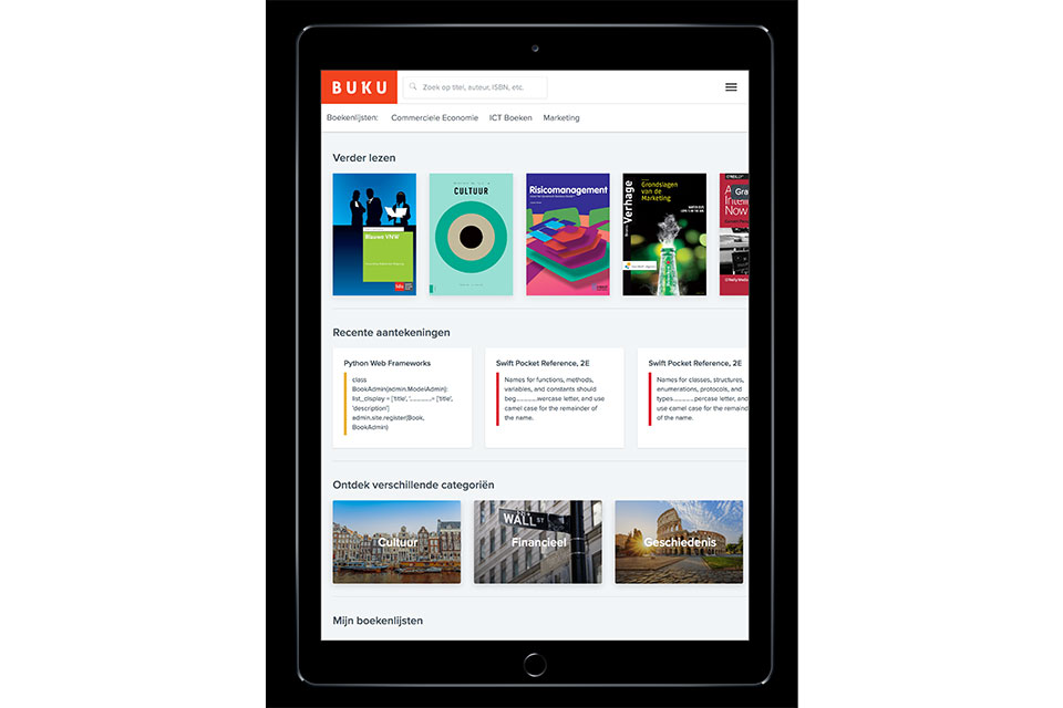 Tablet met op scherm een selectie van boeken