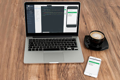 Toepassing getoond op laptop en mobiel